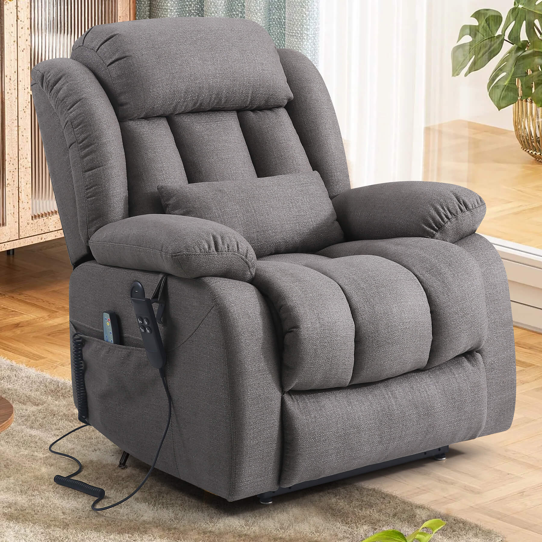 The  gray fabric dual motor power chair in side-sitting position, with a lumbar pillow.