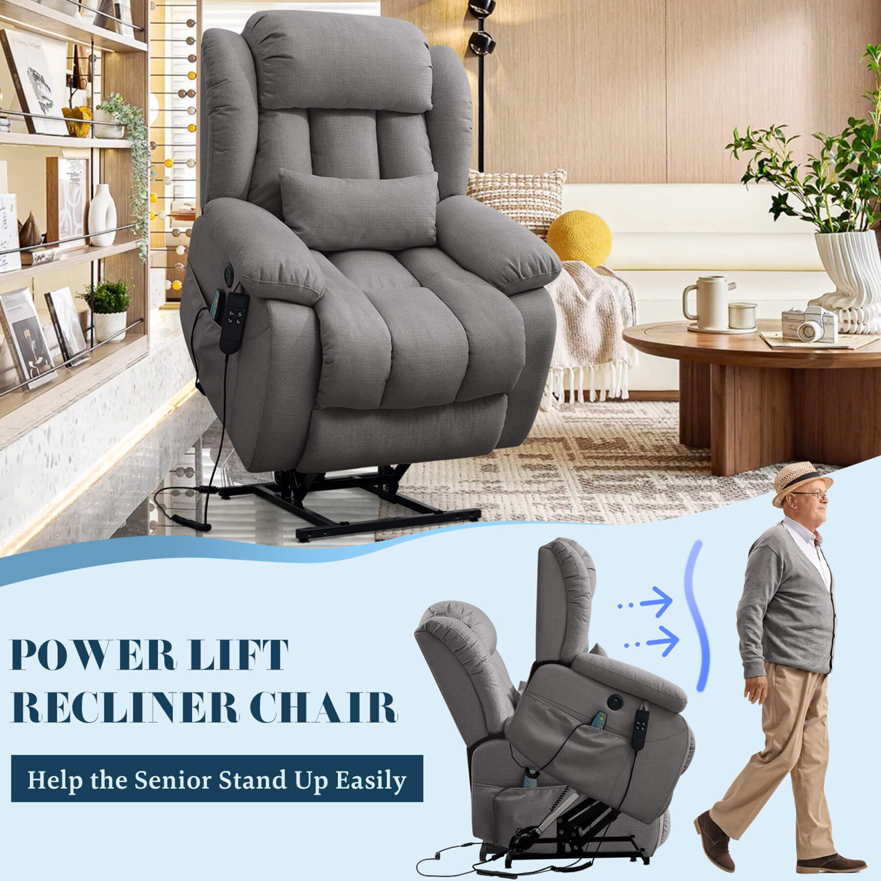 Gray fabric power lift recliner in raised state. Ideal for helping the senior to stand up easily.