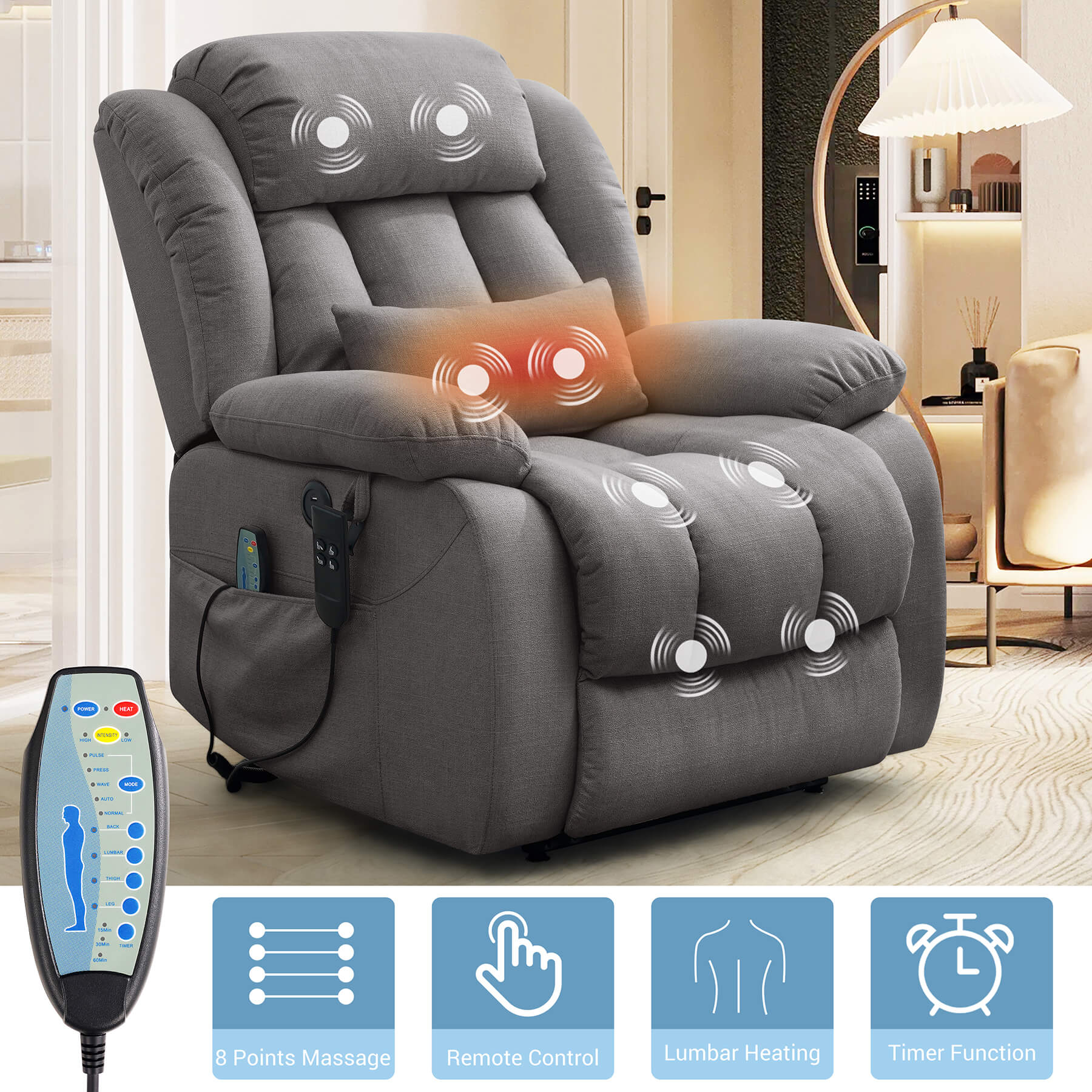 Electric recliner chair with massage and heating function to relax the body, operated by remote control.