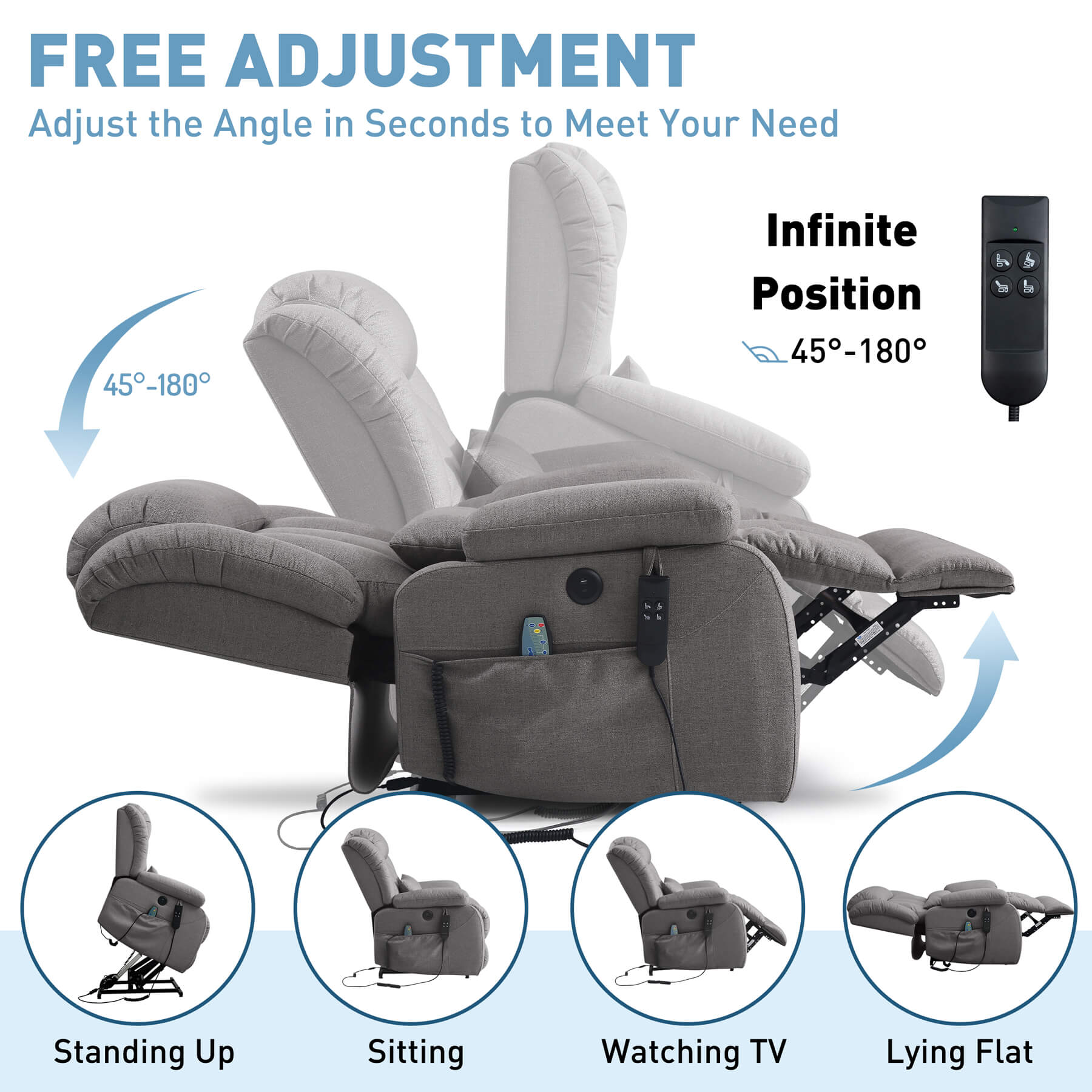 Infinitely position-adjustable recliner that supports from standing to lying flat, operated by remote control.