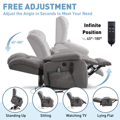 Infinitely position-adjustable recliner that supports from standing to lying flat, operated by remote control.