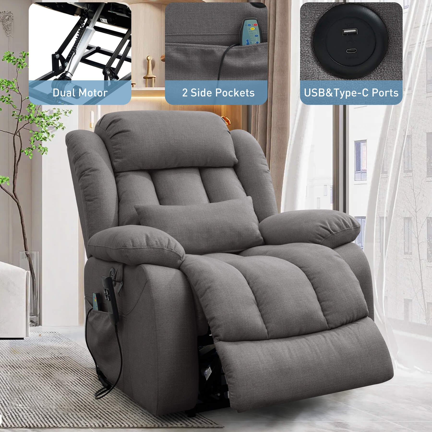 The power recliner has built-in dual motors, two side pockets and USB and Type C charging ports.