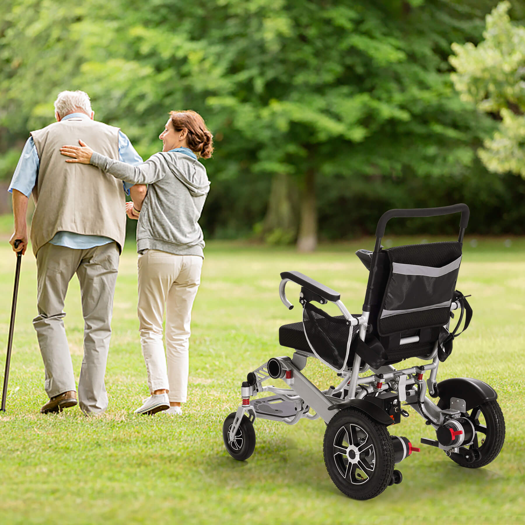 An elderly man with limited mobility was walking in the park with his motorized wheelchair parked behind him.