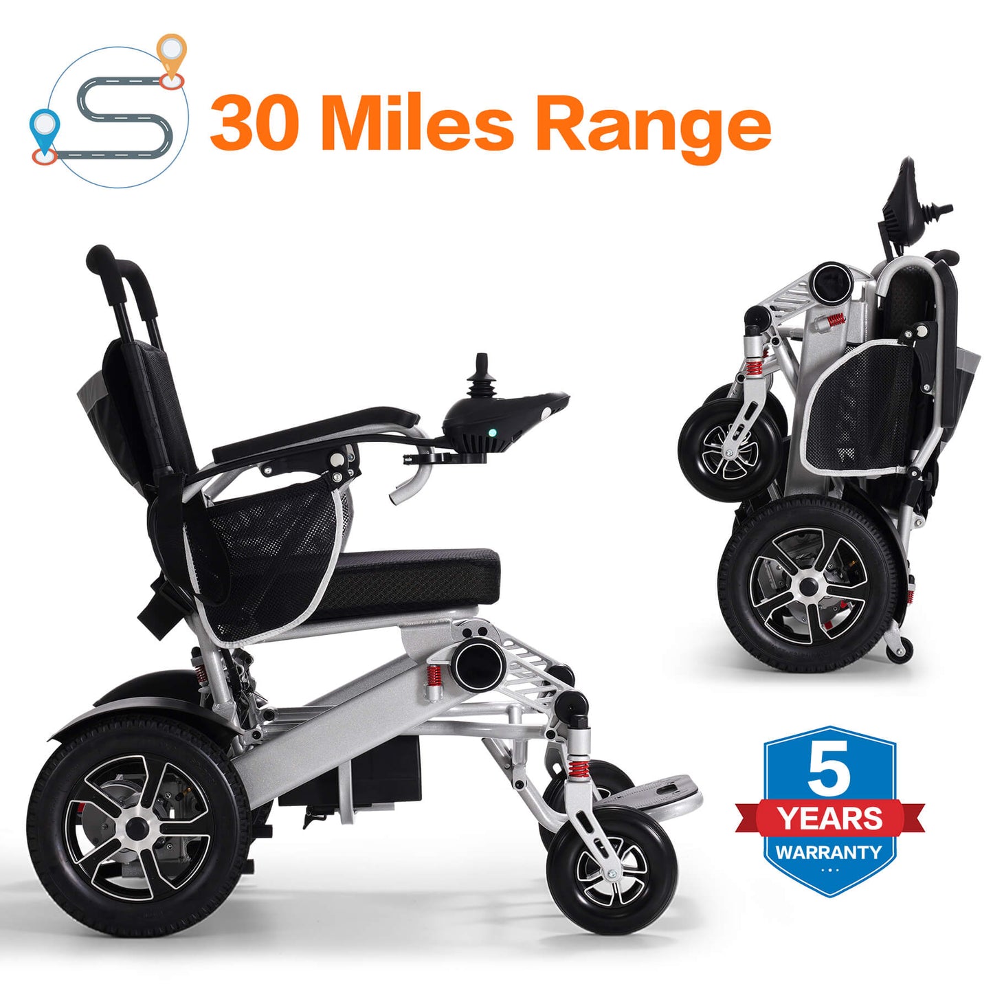 This foldable wheelchair has a 30-mile mileage and comes with a five-year warranty.