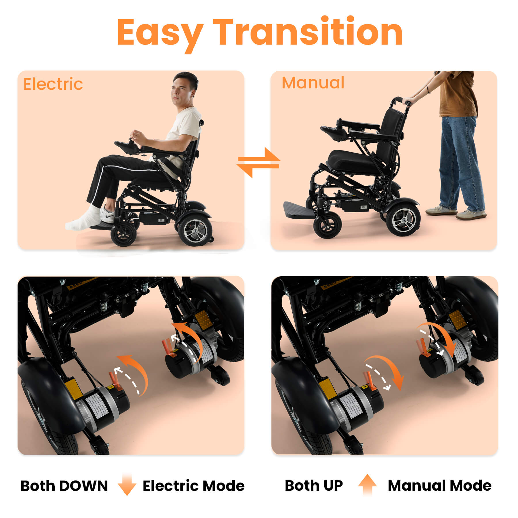 The power wheelchair can be easily switched to manual wheelchair by breaking the switch at the rear.
