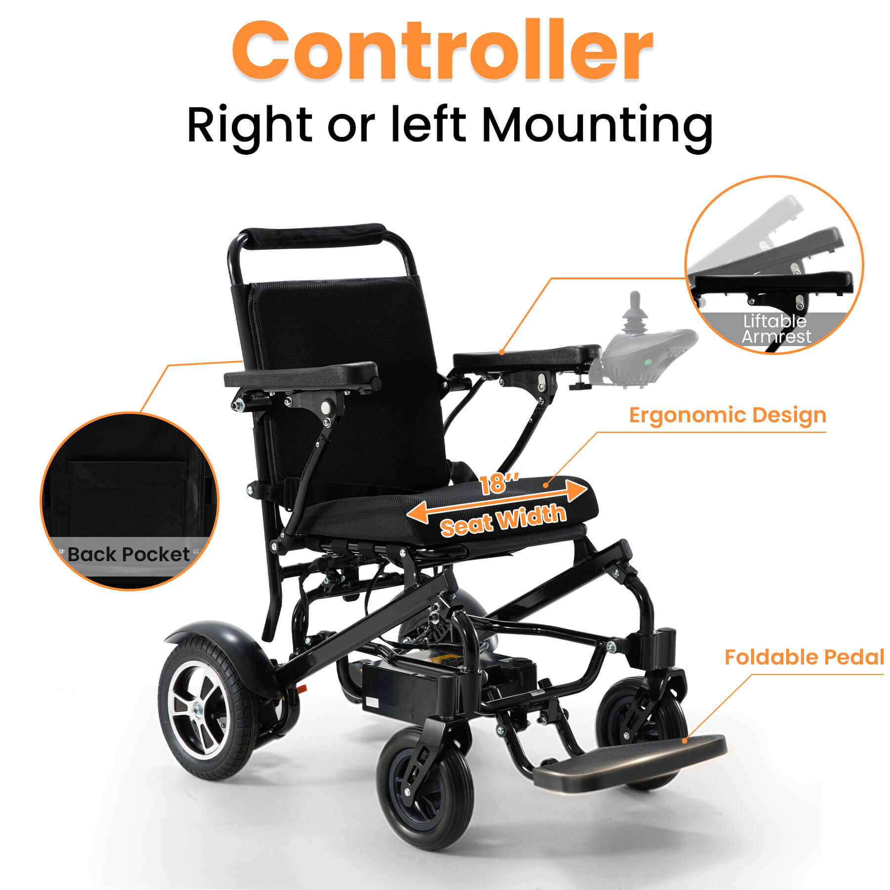 The wheelchair controllers can be switched from left to right and the armrests are liftable. Seat width 18 inches. There is a pocket behind the backrest.
