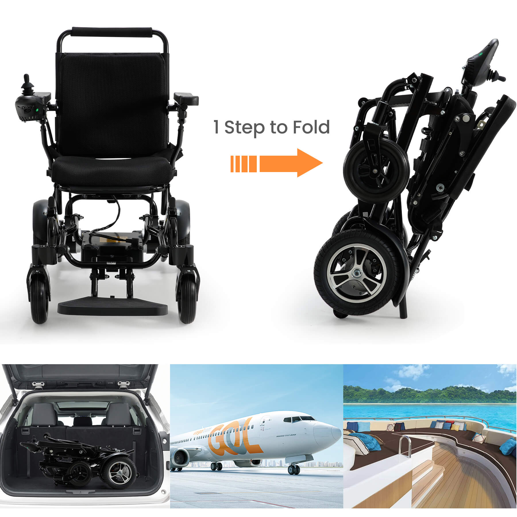 This power wheelchair folds in just one step, fits in the trunk, and supports boarding airplanes and ships.