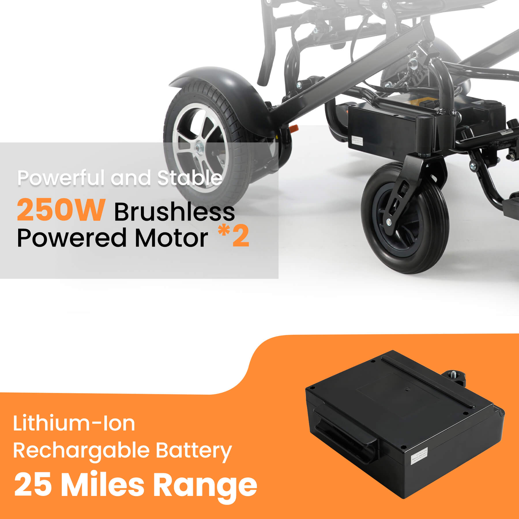 The electric wheelchair comes with a removable lithium battery that is easy to charge and has a range of 25 miles.