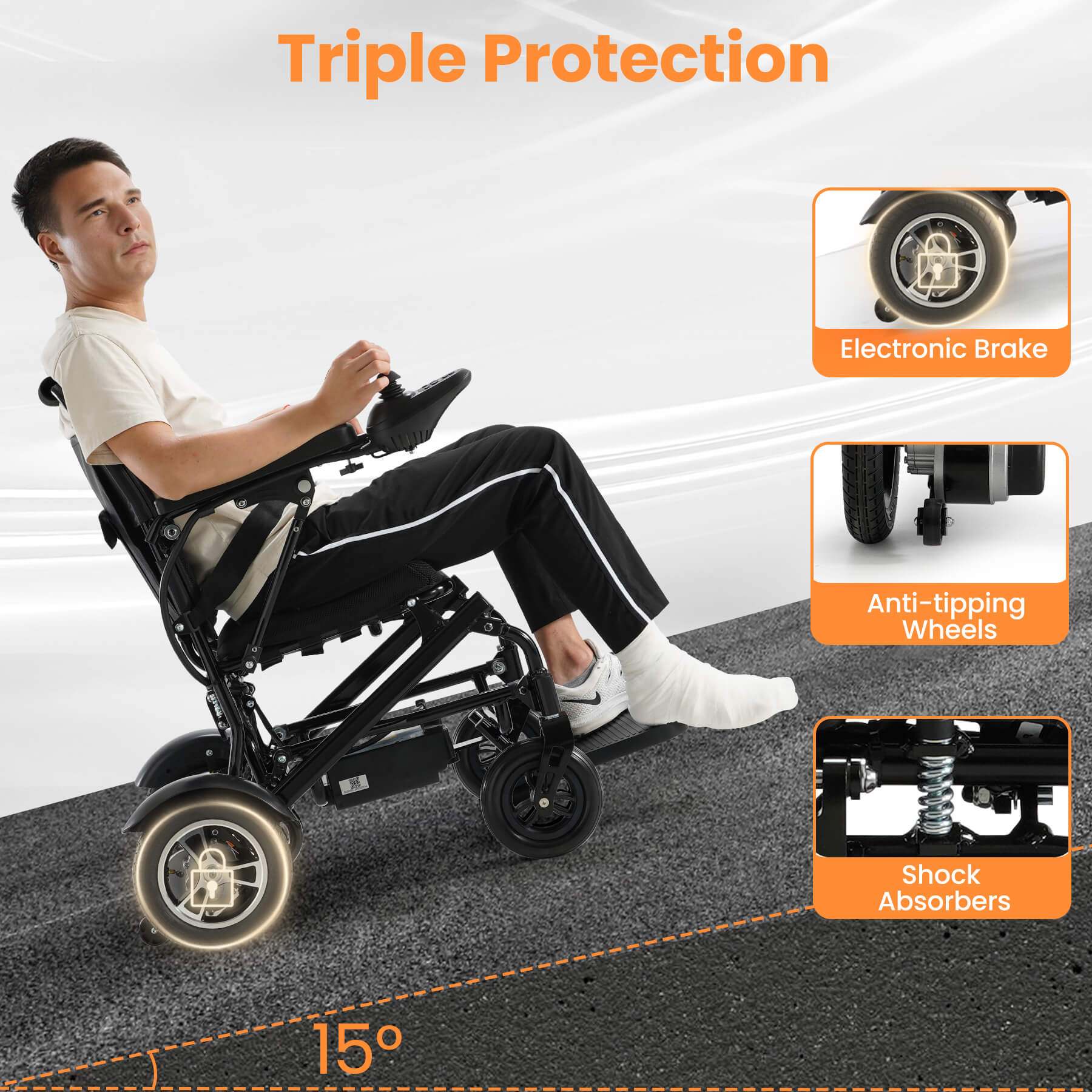 Triple protection for safe travel on ramps and multiple terrains. Electric brake, Anti-tipping Wheels, Shock Absorbers.