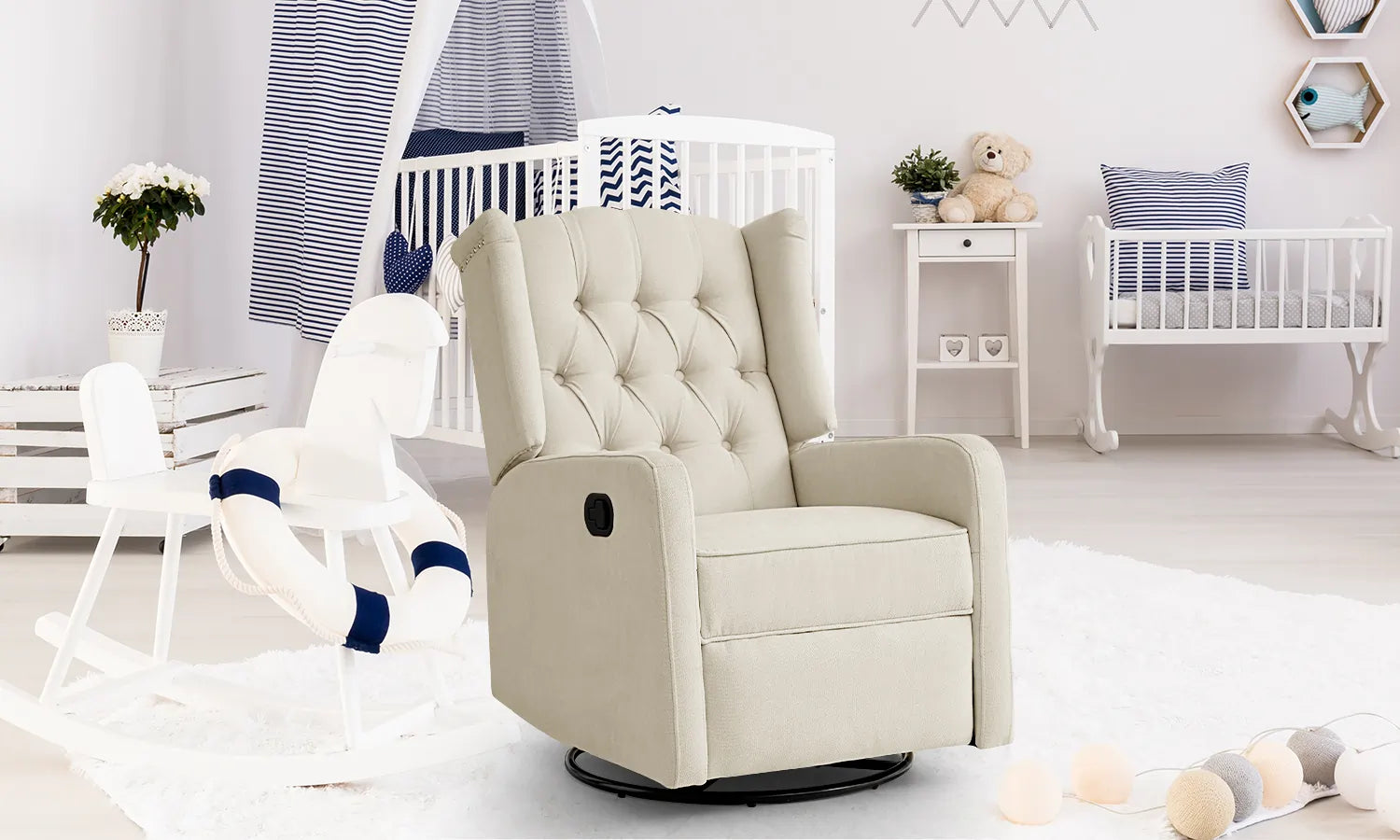 A beige fabric swivel rocking chair in the nursery, the chair backrest is a button tufted design.