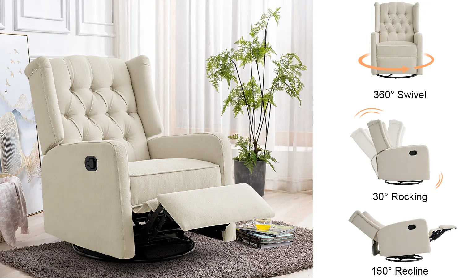 The chair is shown in 3 states. It supports 360° rotation, 30° rocking and reclines up to 150°.