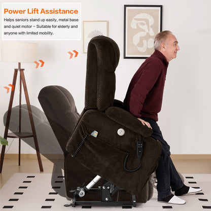 A man using a brown power lift chair in a home setting.