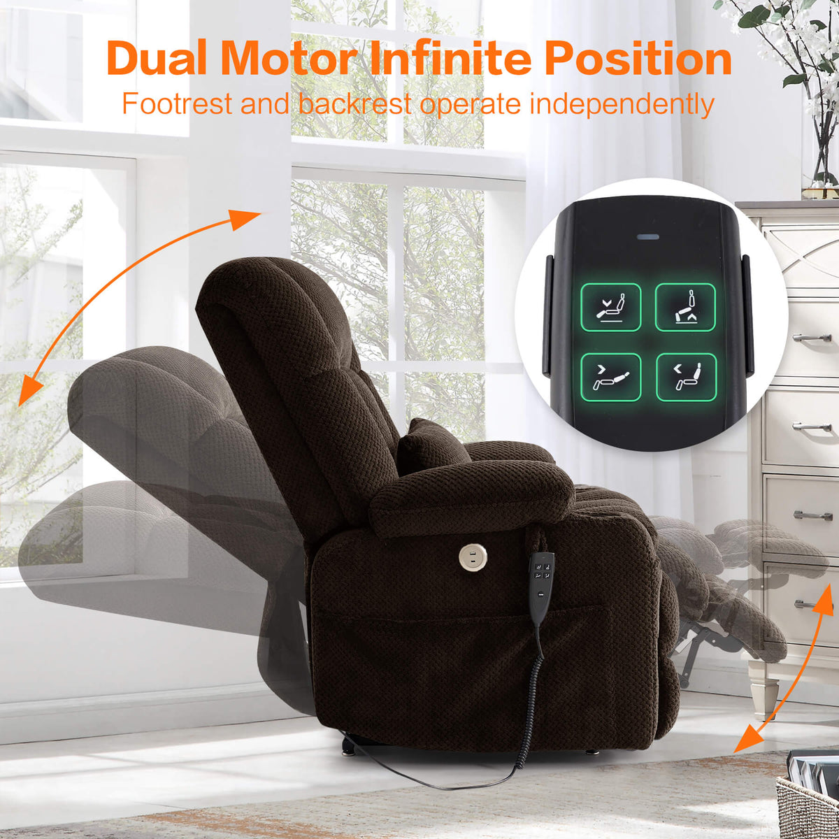 Dual motor lift recliner, footrest and backrest operate independently.