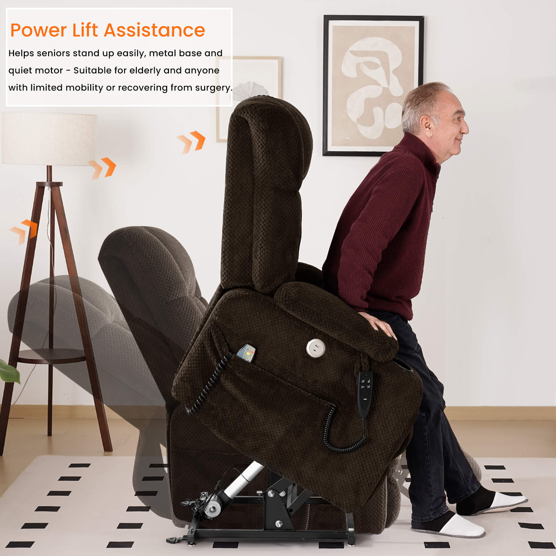 Brown power lift assistance chair with a man using it in a home setting.
