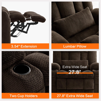 Chair details: 3.54 inches extended footrest, lumbar pillow, two cup holders, 27.8 inches extra wide seat.