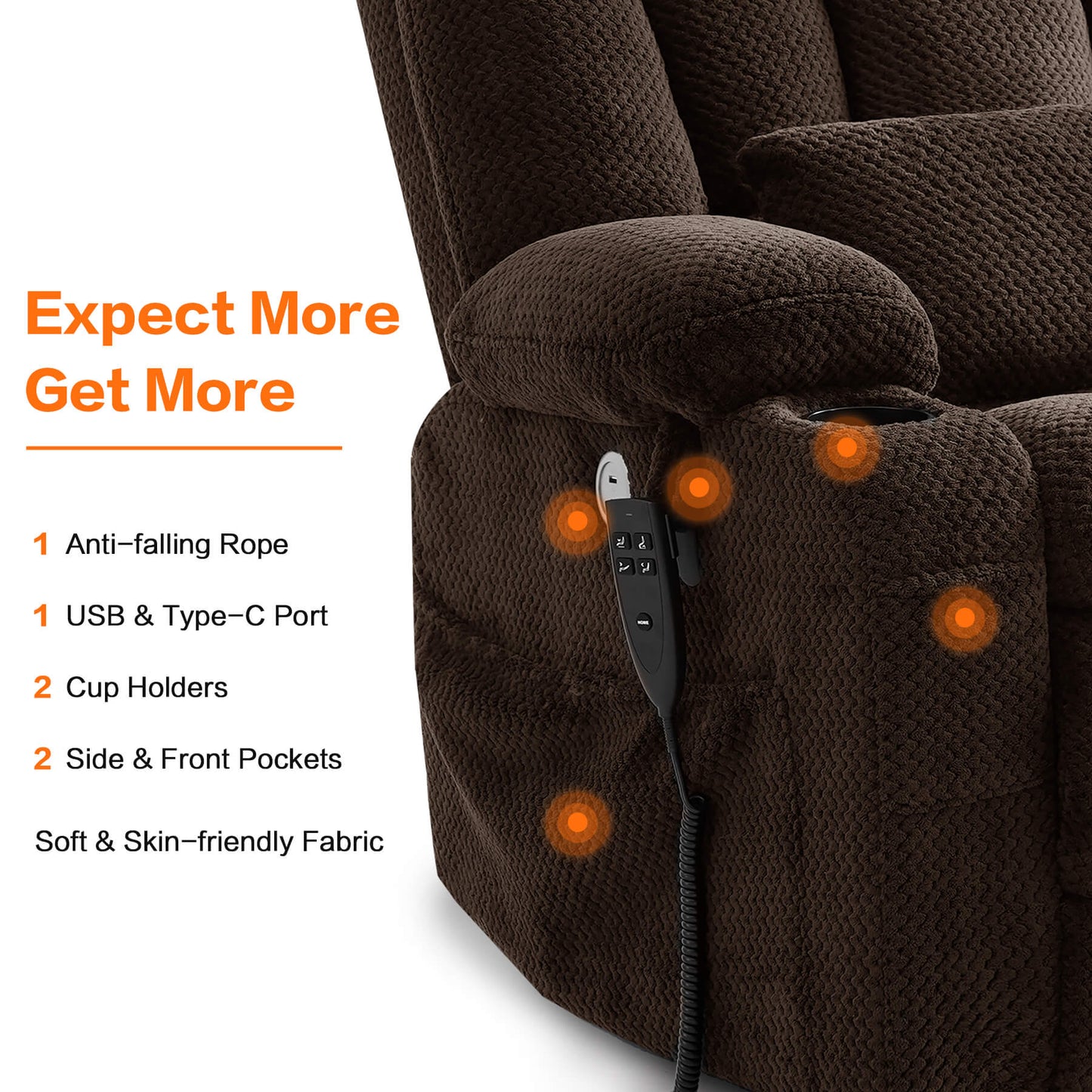 This soft fabric chair has USB and type-c ports, two cup holders, two side and front pockets.
