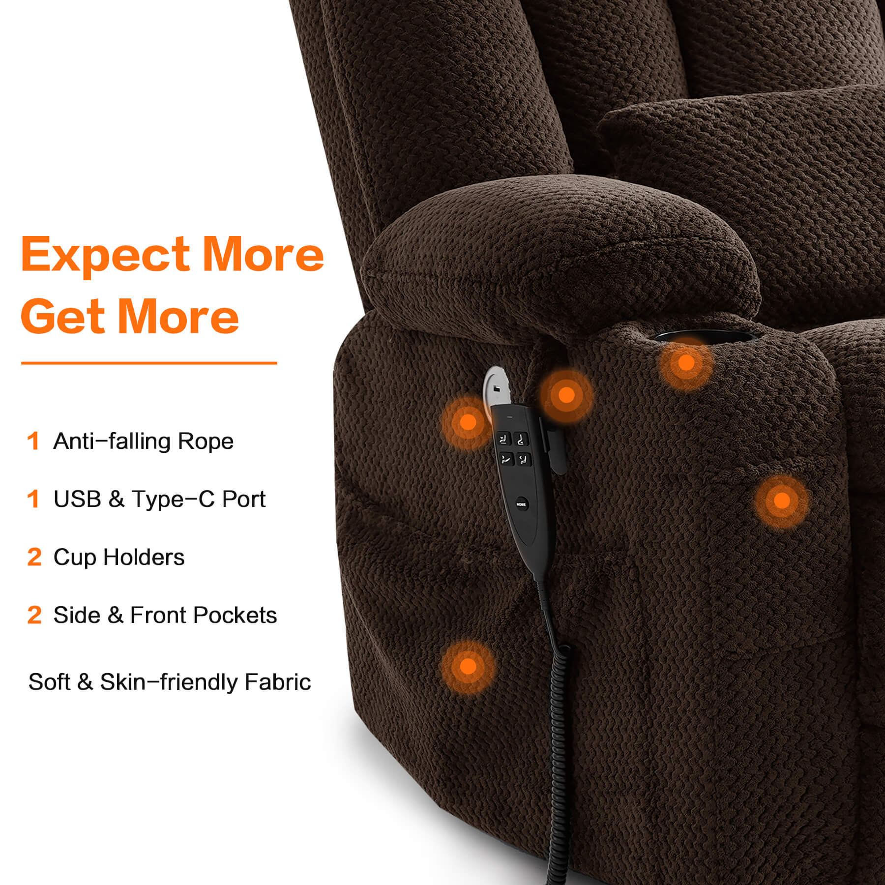 This soft fabric chair has USB and type-c ports, two cup holders, two side and front pockets.