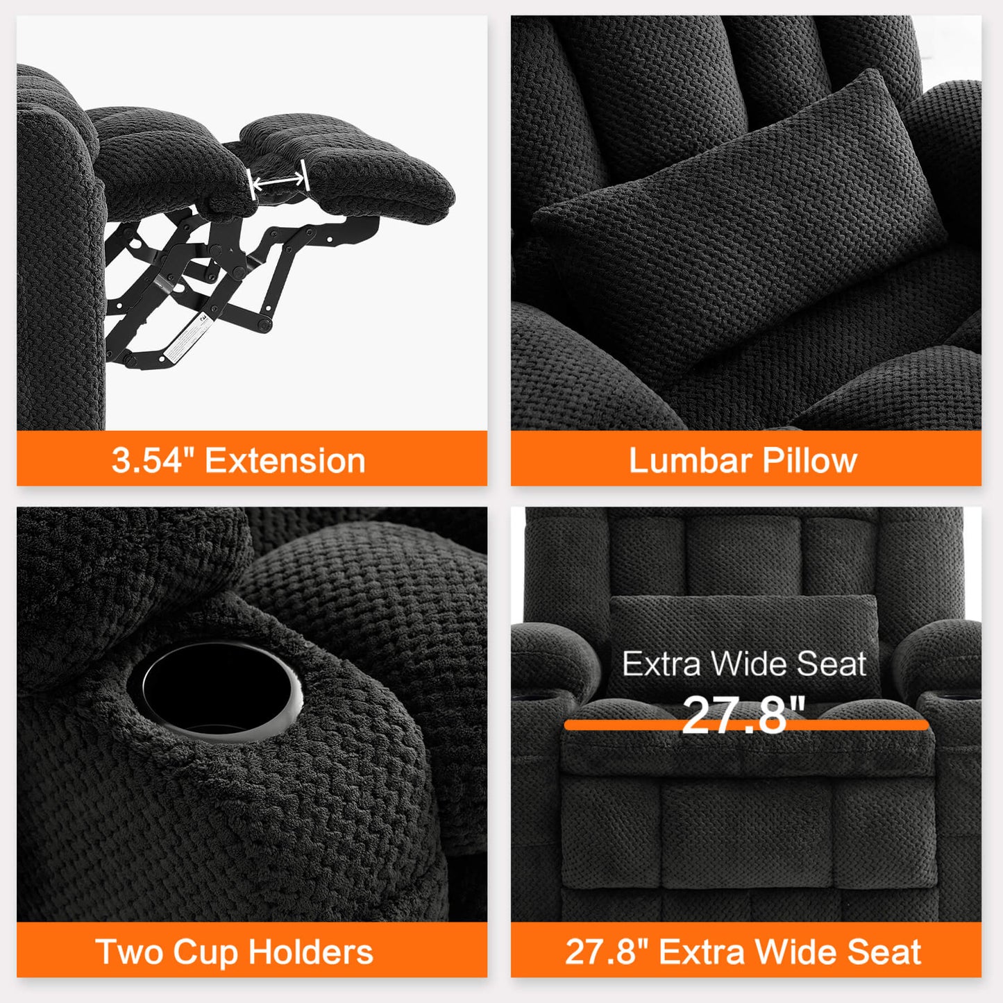 Chair details: 3.54 inches extended footrest, lumbar pillow, two cup holders, 27.8 inches extra wide seat.