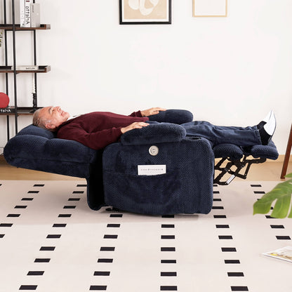 An elderly person is sleeping on a navy blue lie-flat recliner in the living room.