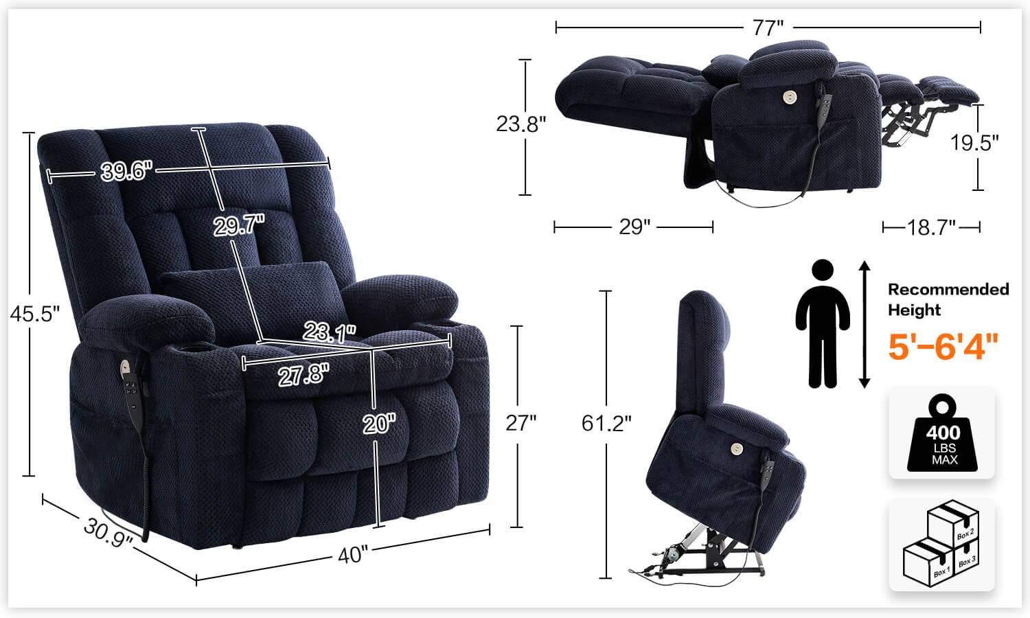 Oversized fabric power lift recliner chair for the elderly