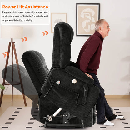 Gray power lift chair tilting a man stand up in a home setting.