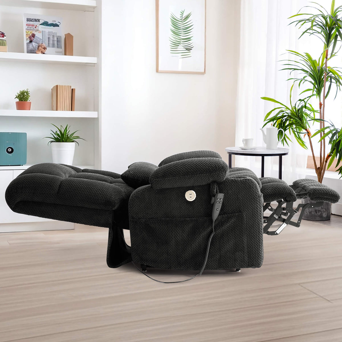 Extra long and wide lay flat recliner in the living room.