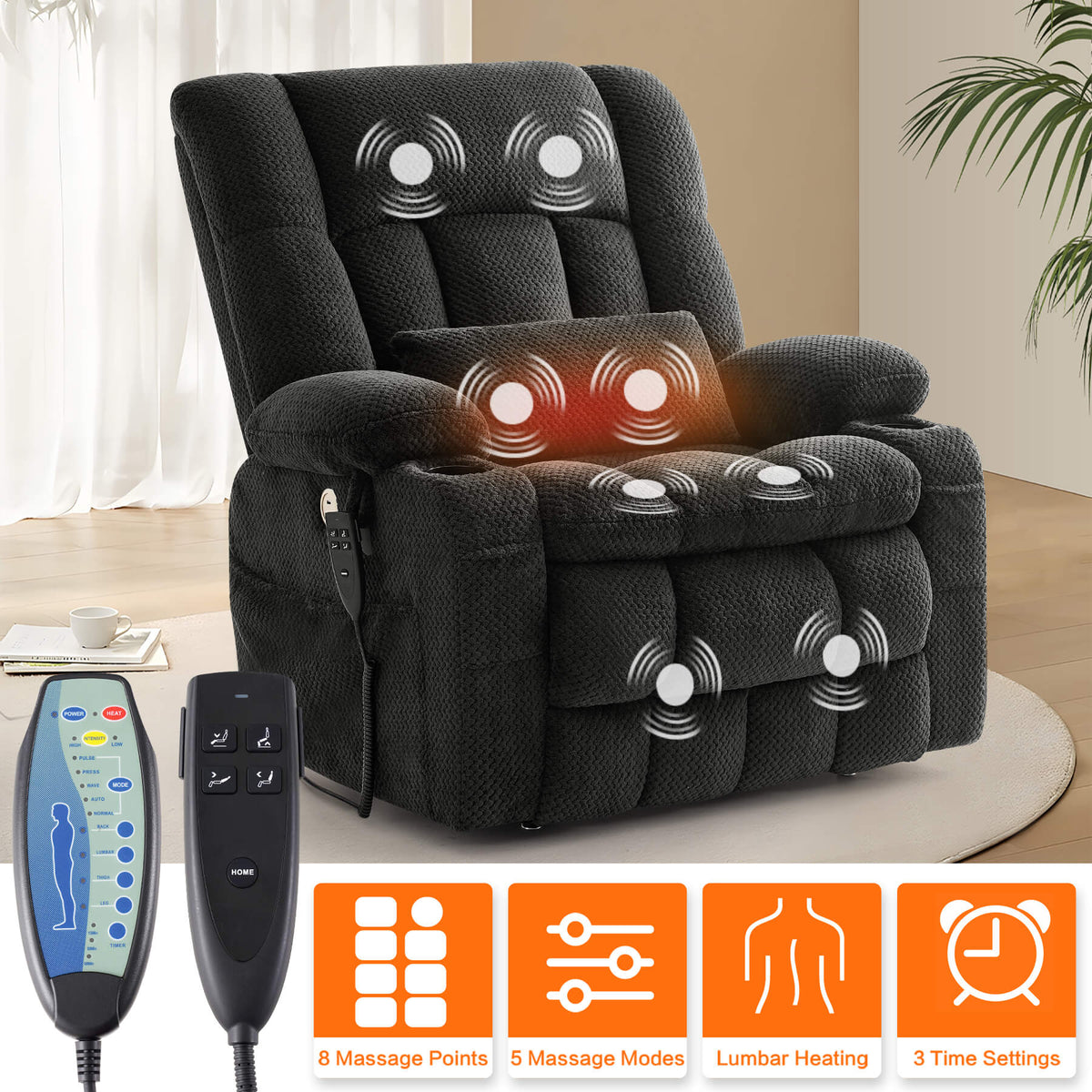 Big electric recliner chair with massage and heating function, controlled by remotes.