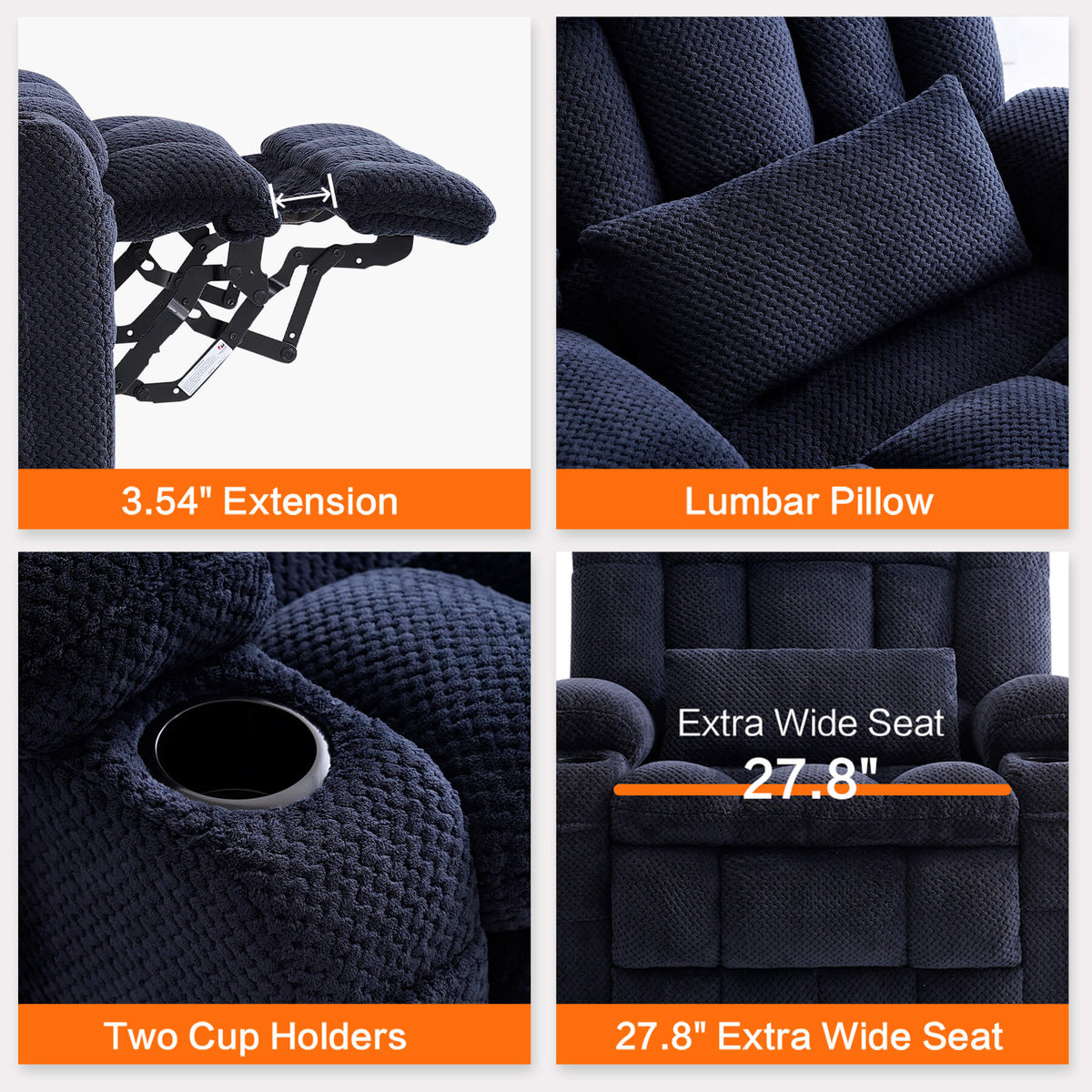 Chair details: 3.54 inches extended footrest, lumbar pillow, two cup holders, 27.8 inches extra wide seat.