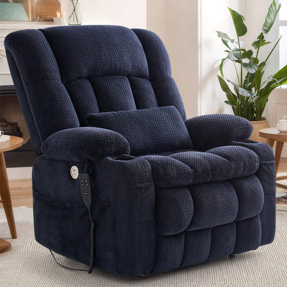 Sitting condition navy blue oversized fabric power recliner.