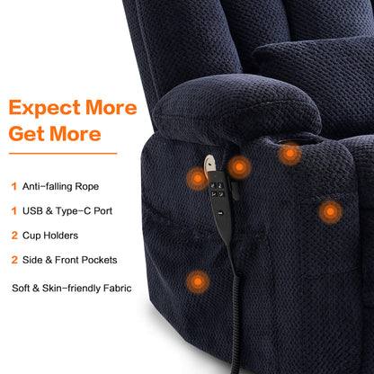 This soft fabric chair has USB and type-c ports, two cup holders, two side and front pockets.