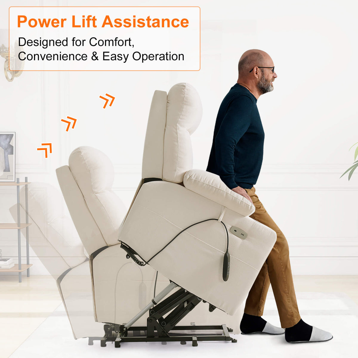 Beige power lift chair with a man demonstrating its use, text about power lift feature.