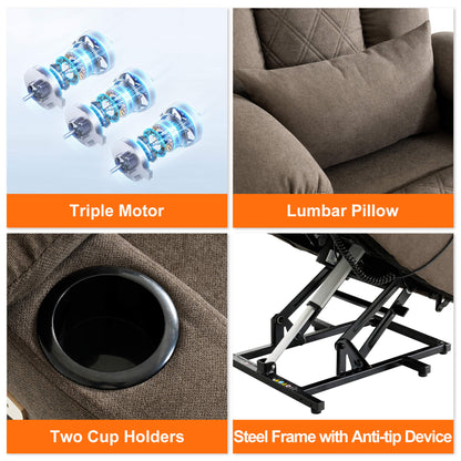 Chair details: three motors, lumbar pillow, two cup holders, steel frame with anti-tip device.