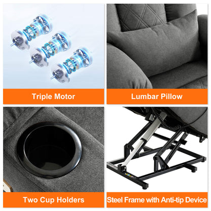 Chair details: three motors, lumbar pillow, two cup holders, steel frame with anti-tip device.