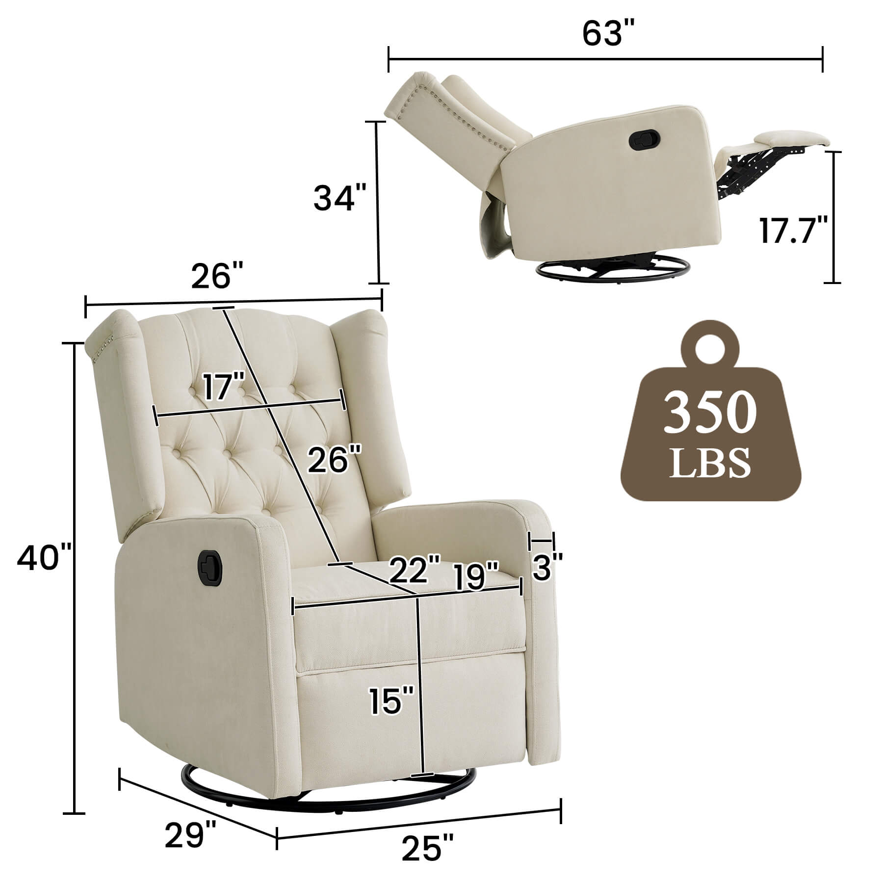 Recliner size data, overall dimensions: 25 W x 29 D x 40 H inches, weight capacity 350 lbs.