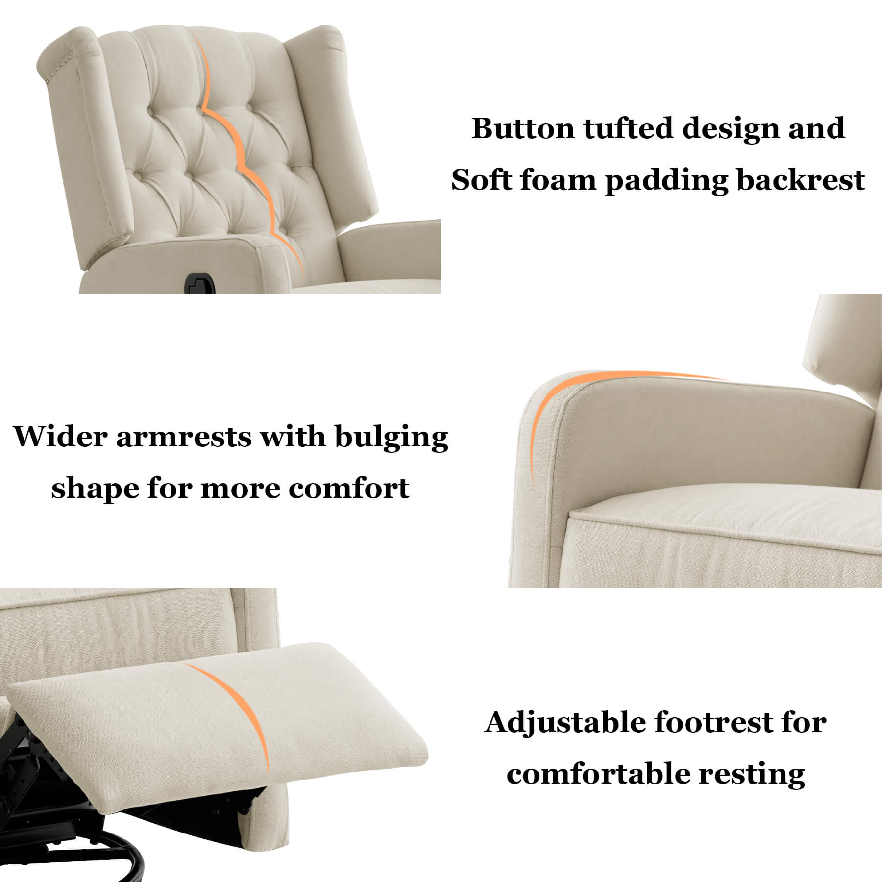 Button tufted design of the backrest, wider armrests, adjustable footrest.