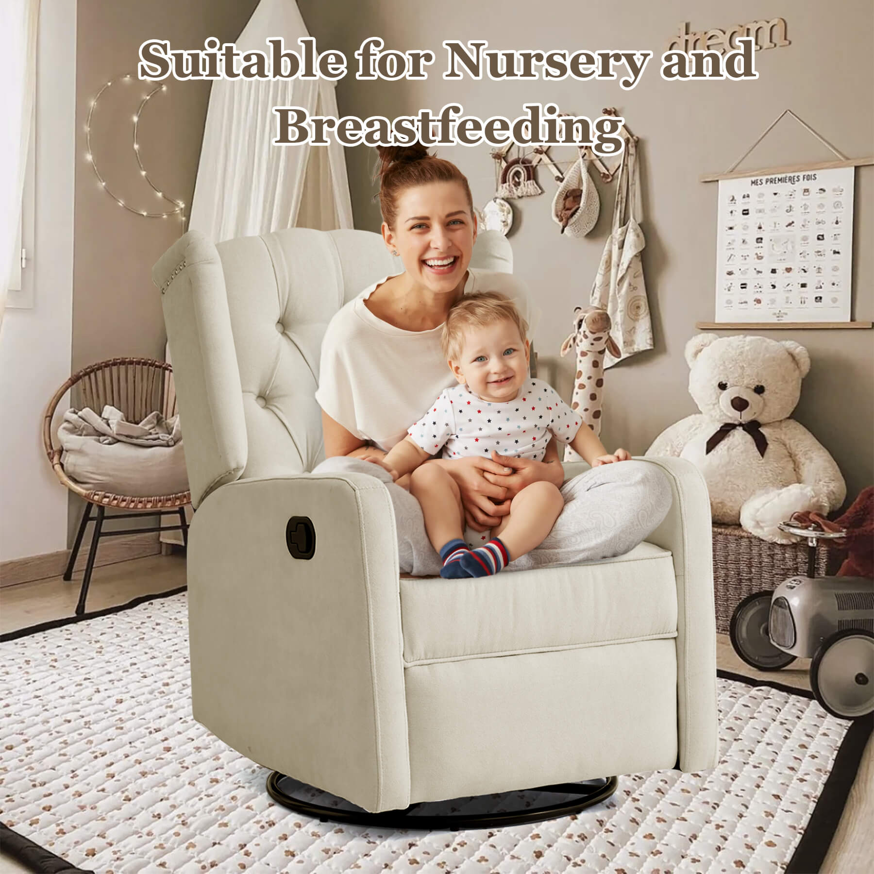 A mother holding her baby in the swivel rocking chair in the nursery happily.