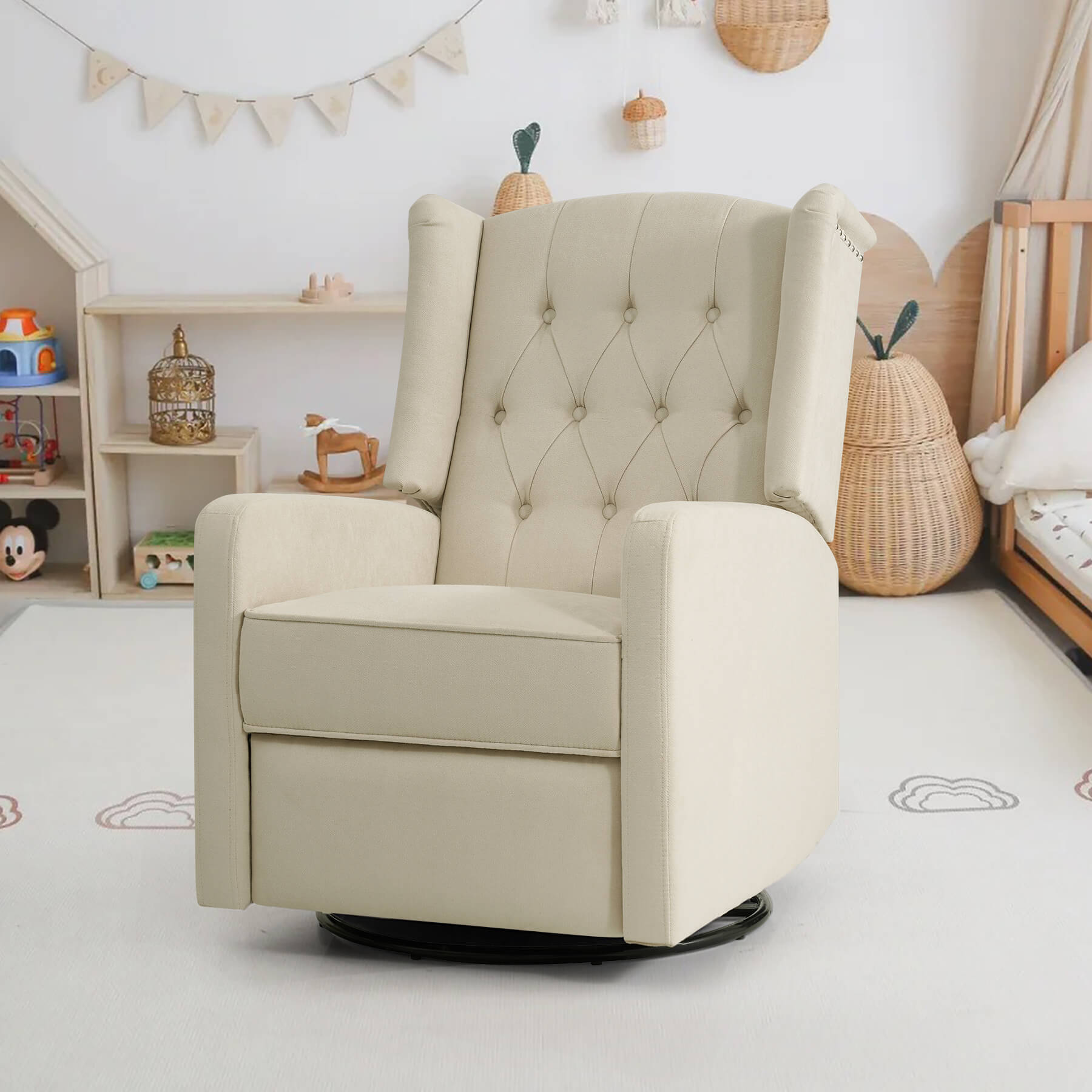 Beige fabric swivel glider rocker recliner in the nursery.