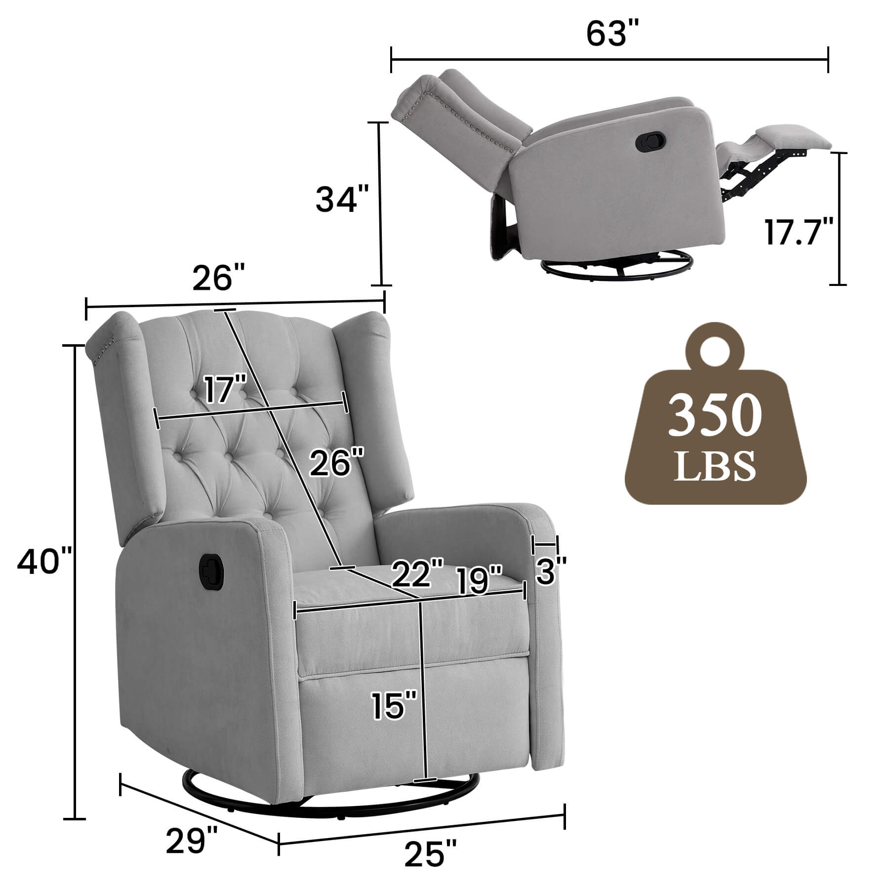 Recliner size data, overall dimensions: 25 W x 29 D x 40 H inches, weight capacity 350 lbs.