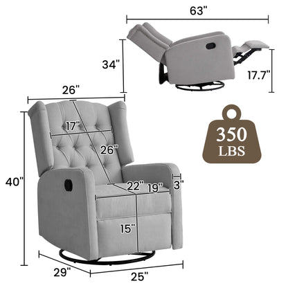 Recliner size data, overall dimensions: 25 W x 29 D x 40 H inches, weight capacity 350 lbs.