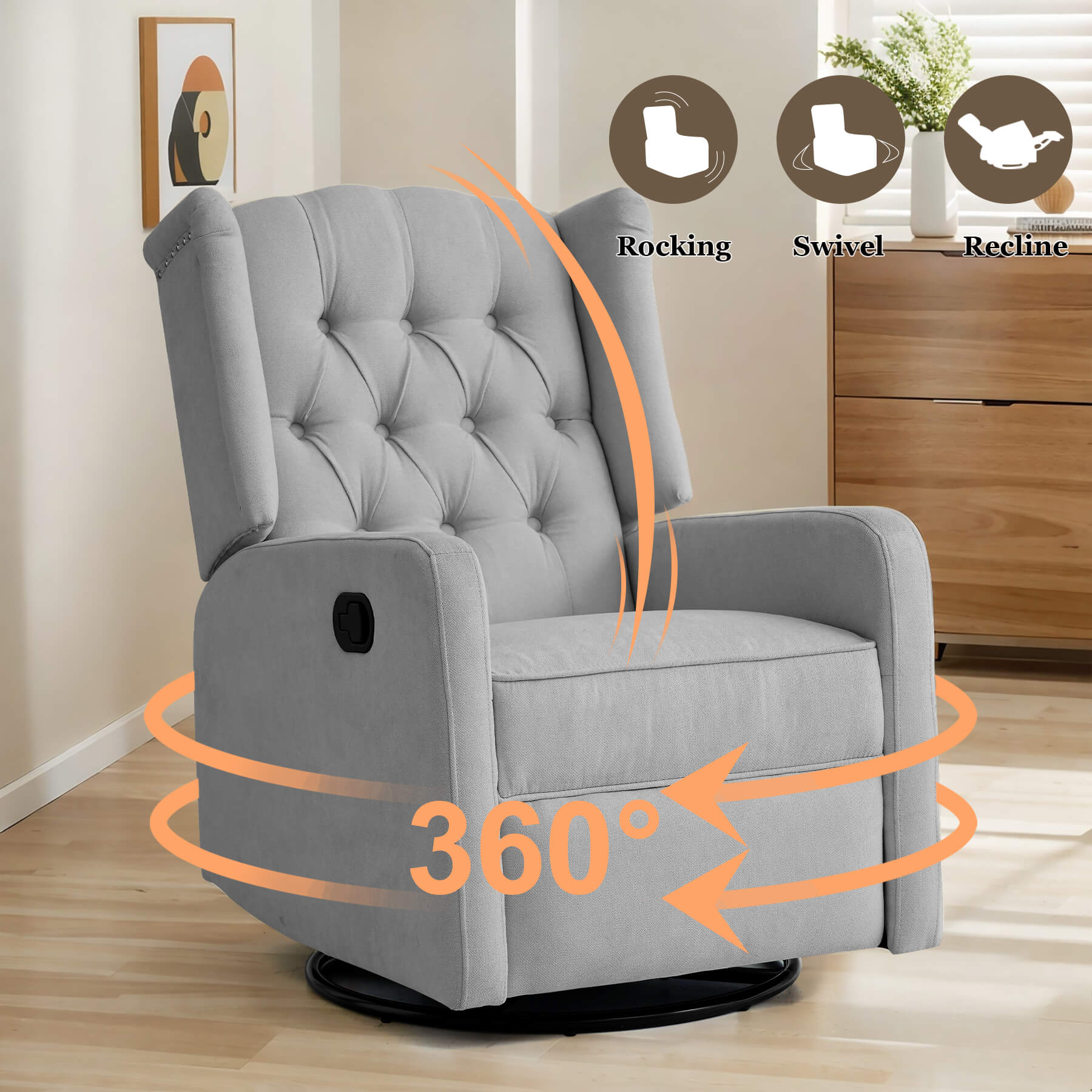 Swivel recliner nursery chair with 360° swivel, 30° rocking, 150° reclining.
