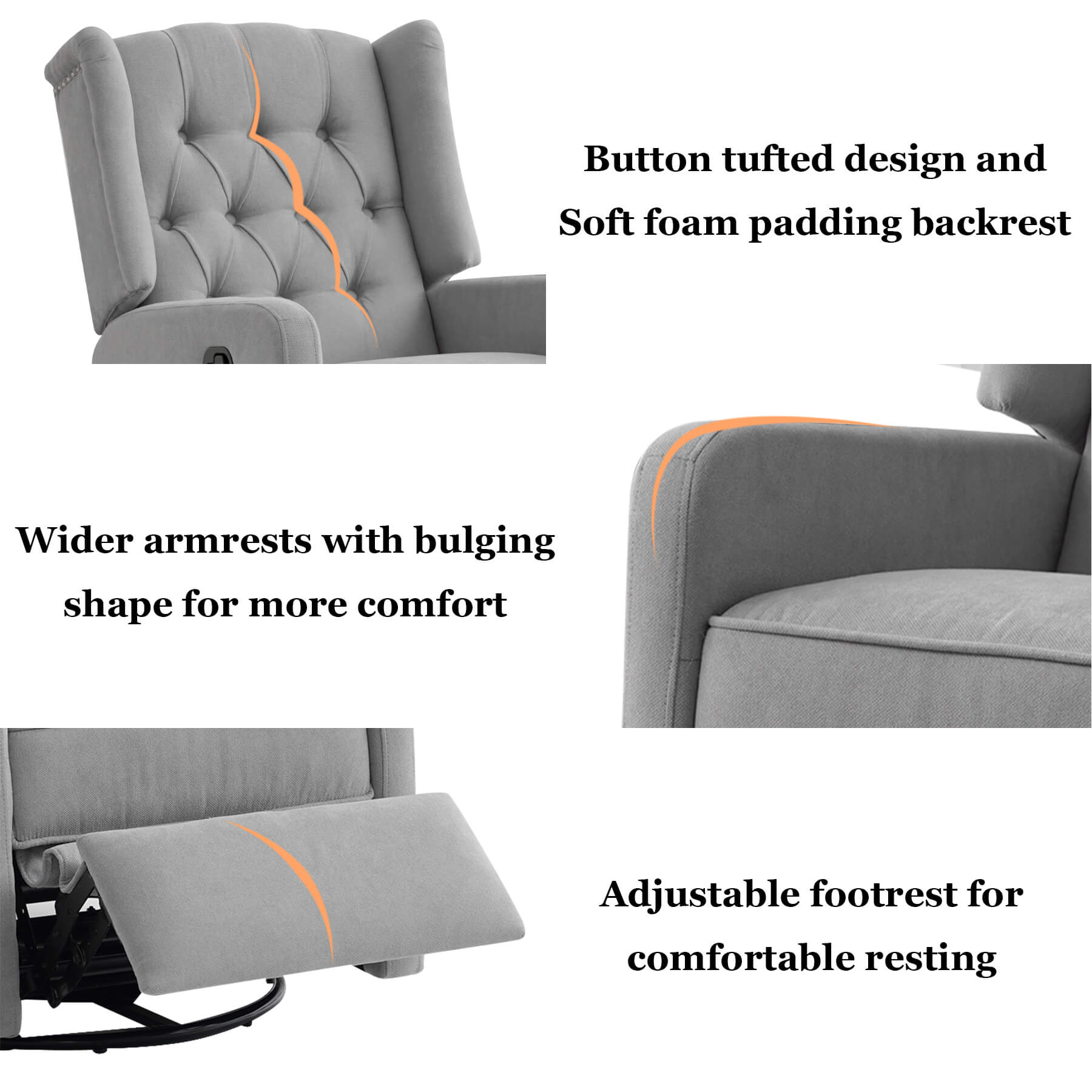 Button tufted design of the backrest, wider armrests, adjustable footrest.