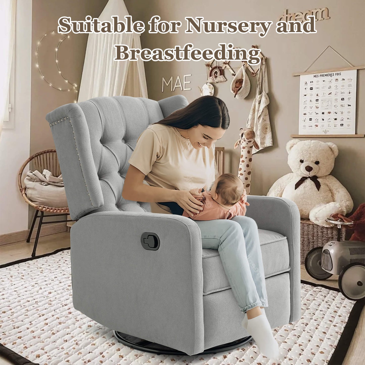 A mother holding her baby in the swivel rocking chair in the nursery happily.