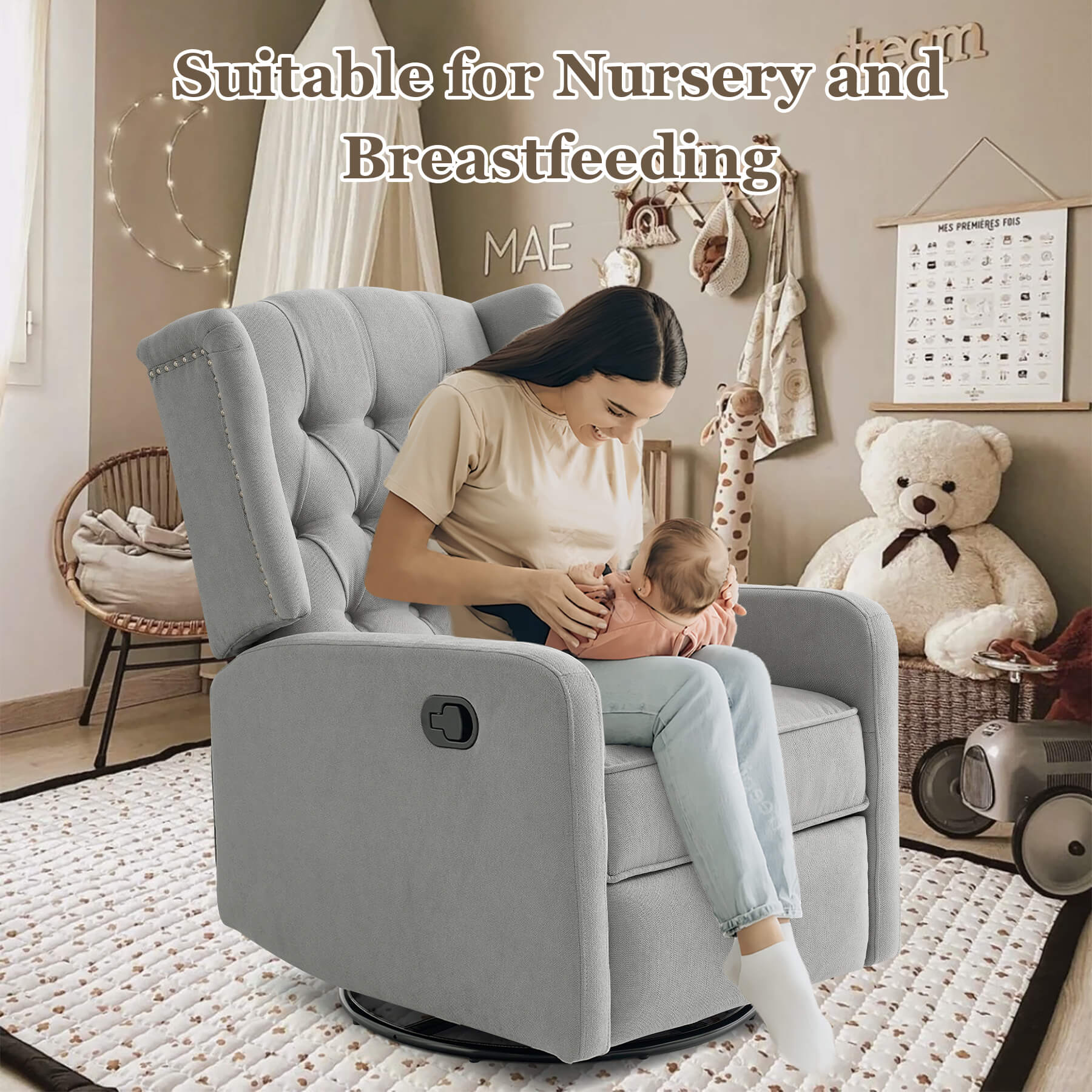 A mother holding her baby in the swivel rocking chair in the nursery happily.