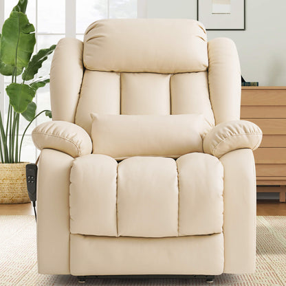 Beige leather recliner chair in a living room setting, facing forward.