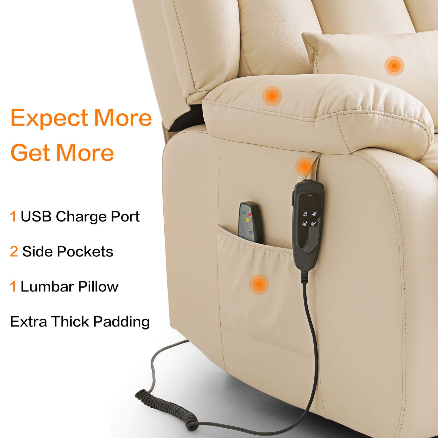 Beige leather recliner chair with USB charge port, side pockets, lumbar pillow, and thick padding on a white background.