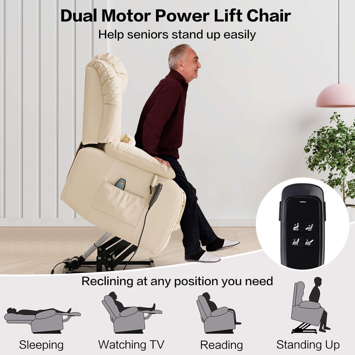 Dual Motor Power Lift Chair with lifting and reclining features, controlled via remote, and a man using it.