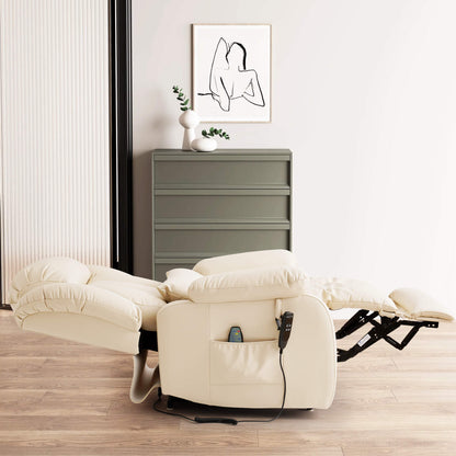 Beige leather recliner lies flat in the room.