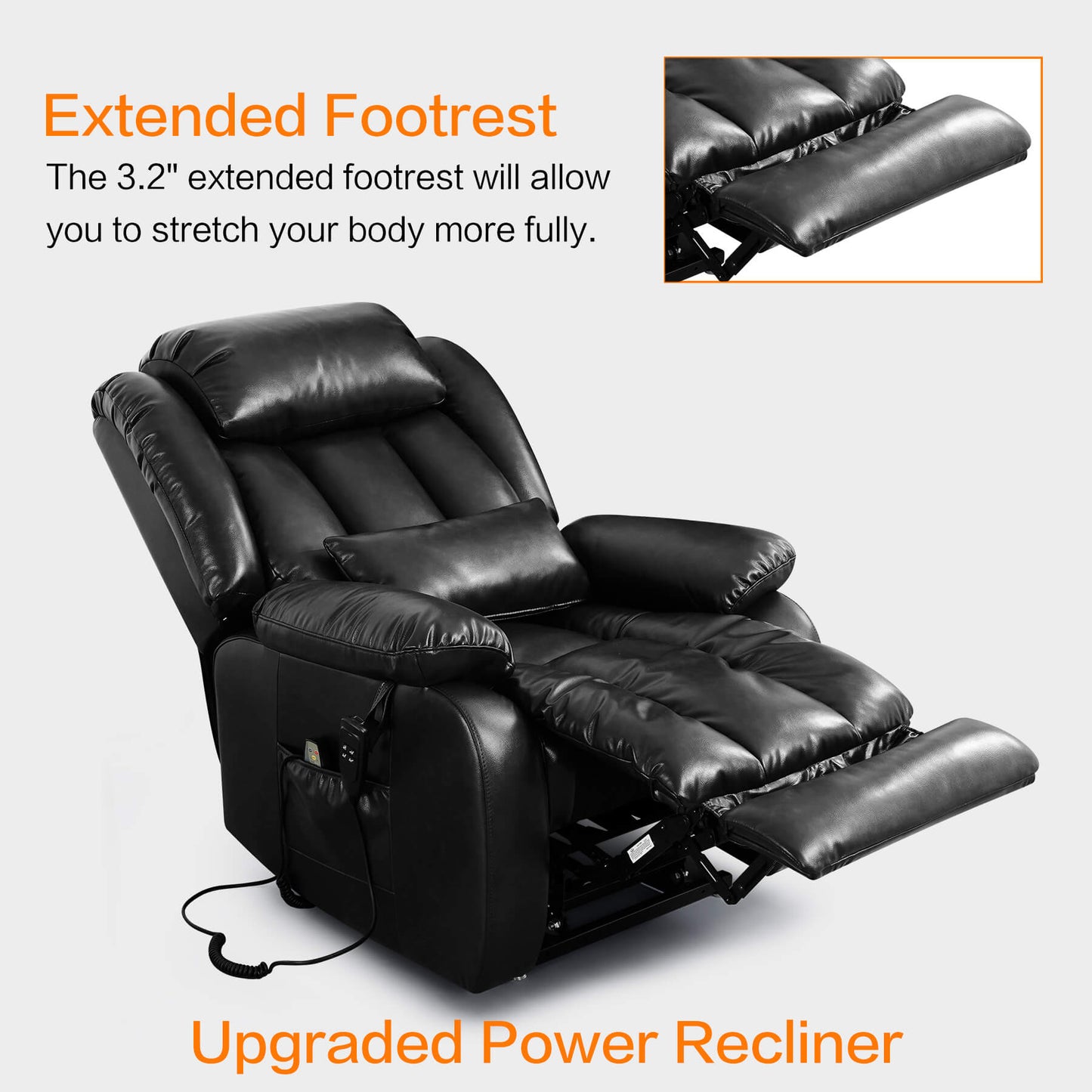 Black upgraded power recliner chair with extended footrest on a light gray background.