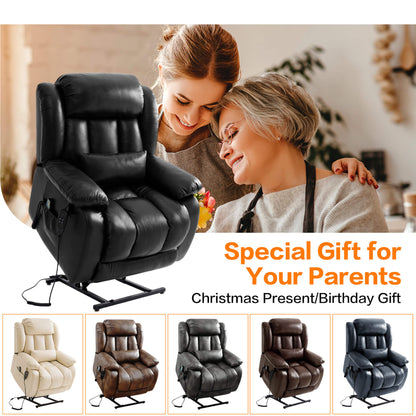 Black leather recliner chair with a woman and elderly woman, text 'Special Gift for Your Parents', and images of other five color recliner chairs.