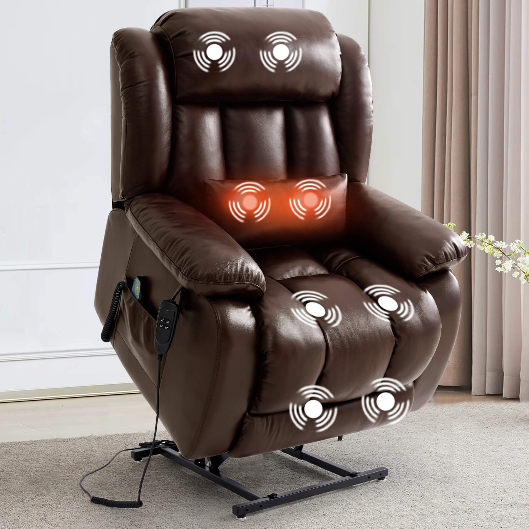 Brown massage lift recliner chair in the raised position with massage points indicated in a room setting.